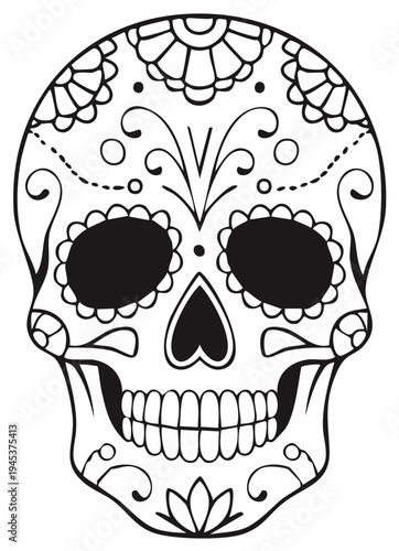 Black and white sugar skull illustration for Day of the Dead celebration