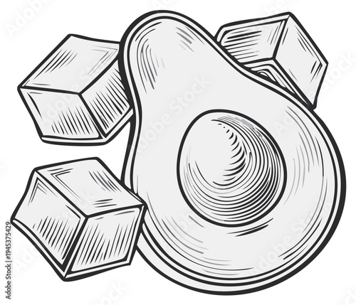 Avocado and cubed food illustration, line art, healthy eating concept