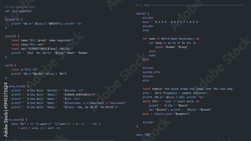 Modern Programmer Coding Screen with Hello World Program with Modern Programming Language Syntax Highlighting in Digital Code Editor Environment. Vector Illustration.