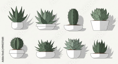 Variety of potted succulents and cacti on white background showcasing different shapes and textures in a decorative arrangement
