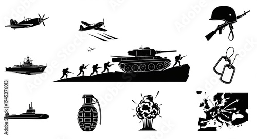 Collection of military war icons and symbols silhouette.