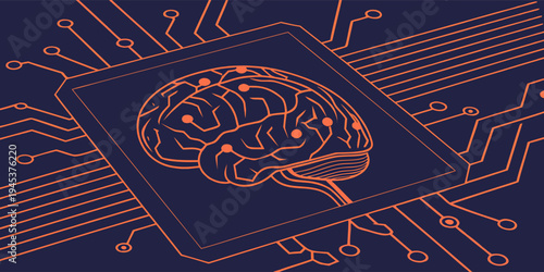 Artificial intelligence concept with digital brain and circuit board background in blue and orange colors.
