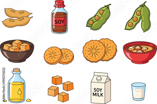 Soybean products set featuring soy milk sauce tofu cubes oil and edamame beans isolated on white background for healthy vegan food diet vector illustration.