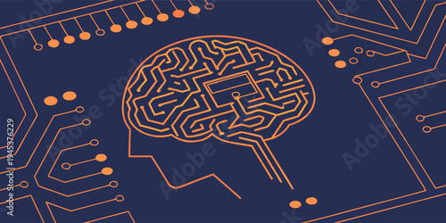Digital brain network on circuit board background, blue orange colors, artificial intelligence technology concept.
