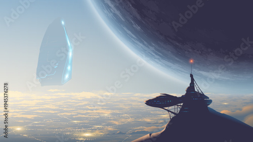 Scifi vector landscape of a futuristic outpost and giant hovering spaceship over a glowing cloud city.