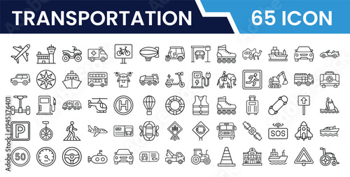 Outline Transportation Icon Set in Line Art Style for Car, Bus, Train, Airplane, Ship, Bicycle, Traffic, Roads, and Digital Interface Design