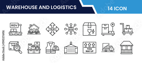 Outline Warehouse and Logistics Icon Set in Line Art Style for Storage, Inventory, Shipping, Delivery, Forklift, and Digital Interface Design