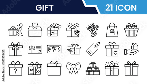 Outline Gift Icon Set in Line Art Style for Present, Package, Ribbon, Celebration, Surprise, Holiday, and Digital Interface Design