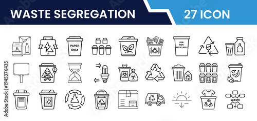 Outline Waste Segregation Icon Set in Line Art Style for Recycling, Trash Sorting, Organic Waste, Plastic, Paper, Hazardous Waste, and Digital Interface Design