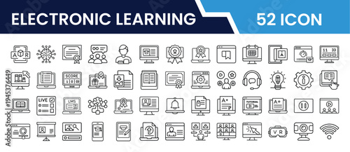 Outline Electronic Learning Icon Set in Line Art Style for Online Study, Digital Courses, Certificates, Learning Platforms, and Digital Interface Design