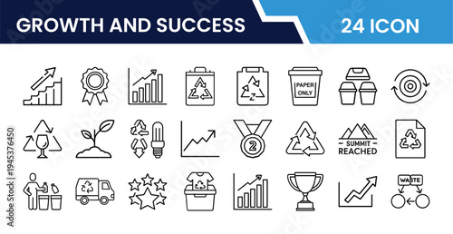 Outline Growth and Success Icon Set in Line Art Style for Business Growth, Achievement, Progress, Goals, Strategy, and Digital Interface Design
