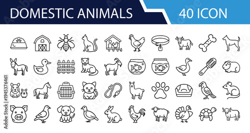 Outline Domestic Animals Icon Set in Line Art Style for Dogs, Cats, Rabbits, Hamsters, Pets, Livestock, and Digital Interface Design