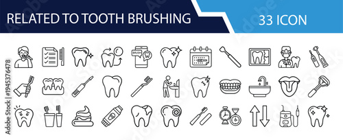 Outline Tooth Brushing Icon Set in Line Art Style for Toothbrush, Toothpaste, Dental Care, Oral Hygiene, Healthy Teeth, and Digital Interface Design
