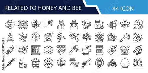 Outline Honey and Bee Icon Set in Line Art Style for Beekeeping, Honeycomb, Pollination, Organic Food, Nature, and Digital Interface Design