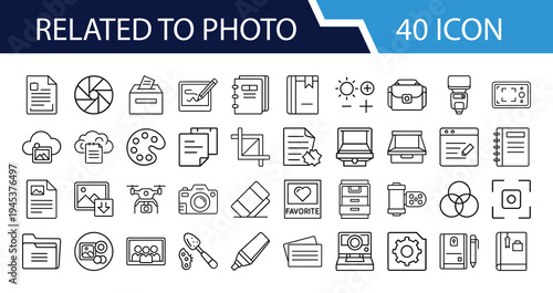 Outline Photo Icon Set in Line Art Style for Camera, Picture, Gallery, Photography, Image Editing, and Digital Interface Design