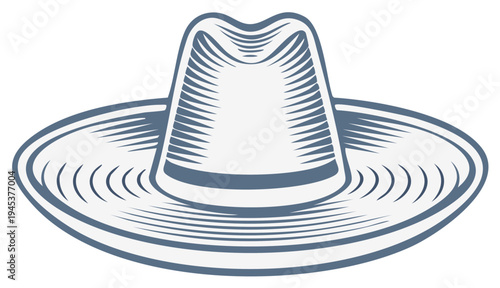 Classic Mexican sombrero hat with embossed brim and crown details illustration