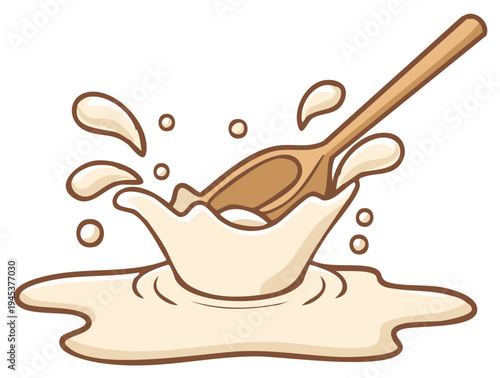 Milk splash with wooden spoon cartoon illustration