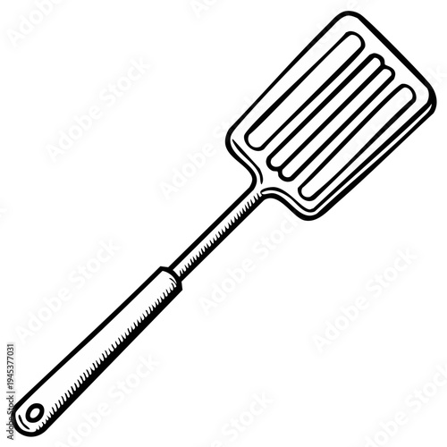Kitchen utensil illustration, black and white outline of cooking spatula on white