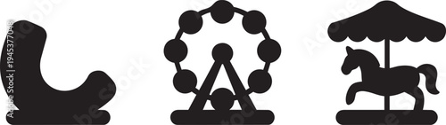 Amusement park icon set featuring roller coaster ferris wheel and carousel horse ride symbols