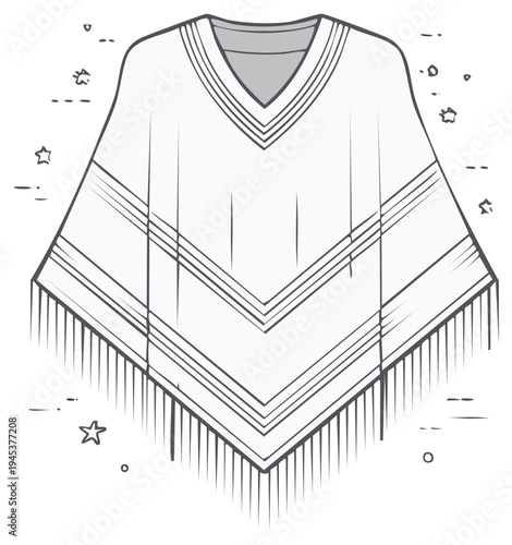 Minimalist Line Art Illustration of a Traditional Poncho with Decorative Fringes