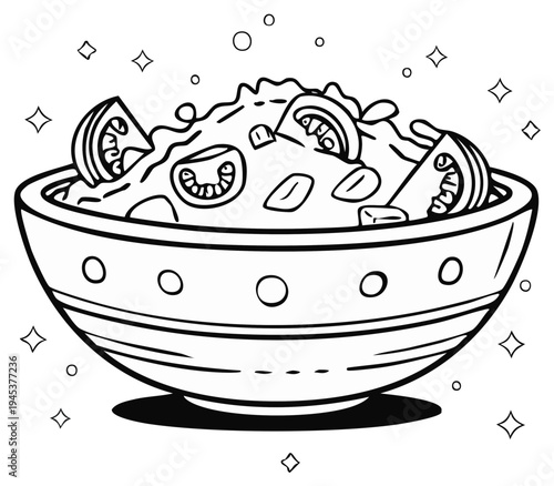 Hand drawn outline illustration of a colorful fruit salad in a decorative bowl with sparkle accents