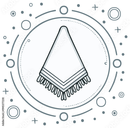 Hand drawn geometric patterned textile with fringe detail in a circular design with decorative elements