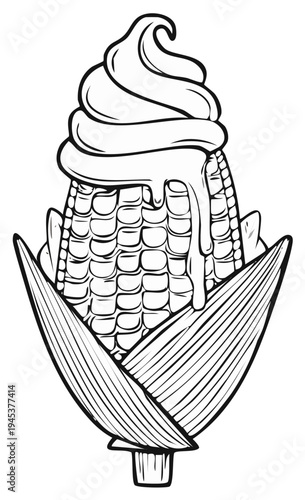 Cartoon drawing of corn on the cob with dripping ice cream