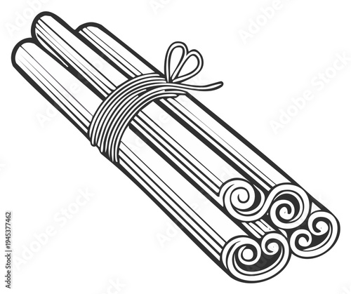 Bundled cinnamon sticks with tied twine vector illustration.