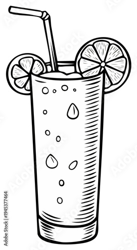 Tall glass of iced beverage with citrus slices and straw line drawing illustration