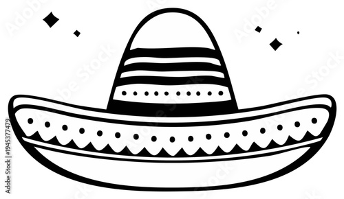 Mexican sombrero hat in black and white illustration with decorative details