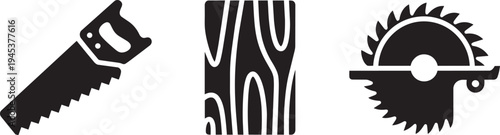 Woodworking carpentry tools including hand saw wood grain pattern and circular power saw blade