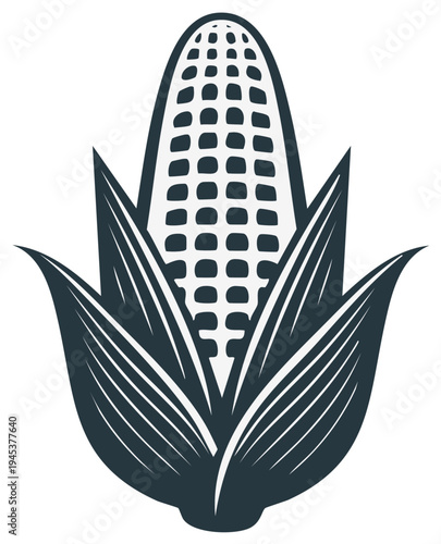 Stylized illustration of a corn cob with green husks