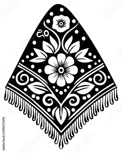 Black and White Shawl Design Folk Art Illustration Geometric Pattern Textile Design Vector
