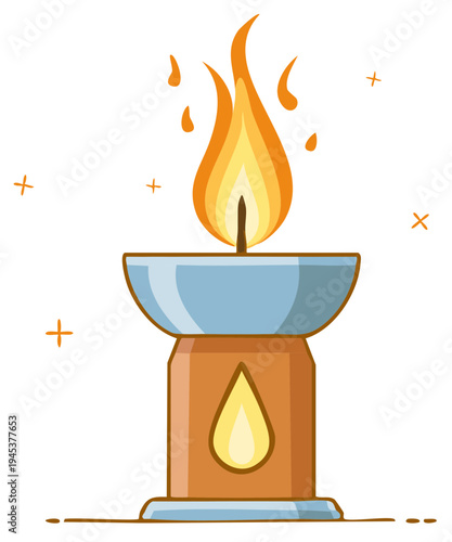 Stylized vector illustration of a burning ancient torch or ceremonial altar fire lamp with bright orange flame