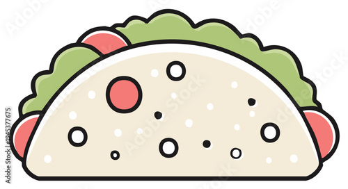 Simple cartoon taco icon with fresh lettuce and tomato in a soft tortilla shell
