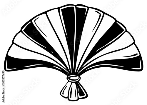 Ornate Fan Symbol in Black and White: Decorative Handheld Accessory with Pleated Design for Asian Culture and Crafts