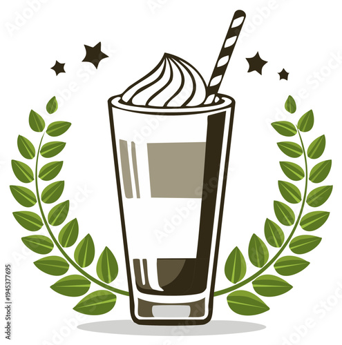 Refreshing Beverage with Whipped Cream and Straw Surrounded by Laurel Wreath and Stars