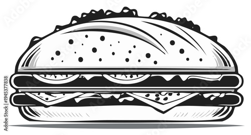 Monochrome fast food sandwich line art drawing of a stacked sub with meat, lettuce and cheese