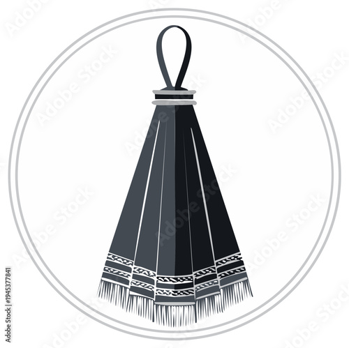 Traditional black textile umbrella with decorative fringe detail and hanging loop