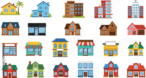 Colorful flat vector building icon set featuring residential houses modern offices storefronts and commercial shops isolated on white background for urban architecture design.