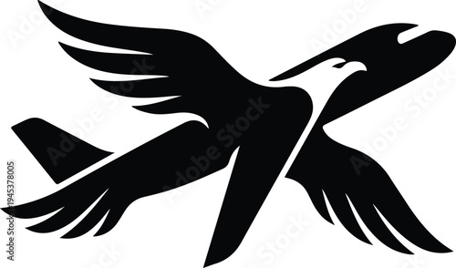 Bird Shaped Airplane Silhouette Symbolizing Freedom Flight, Minimal black silhouette of a bird merged with an airplane, creative concept symbolizing aviation, air travel freedom, and nature inspired f