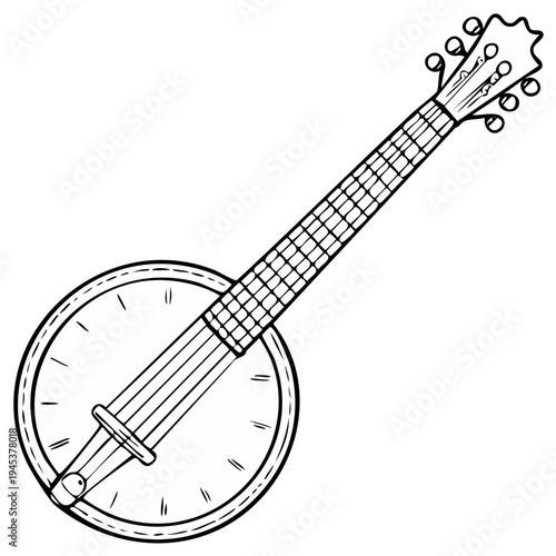 Simple Line Drawing of a Banjo Musical Instrument with Four Strings