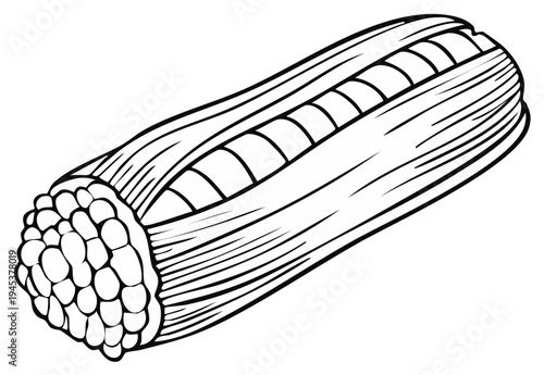 Black and white outline illustration of an ear of corn in husks