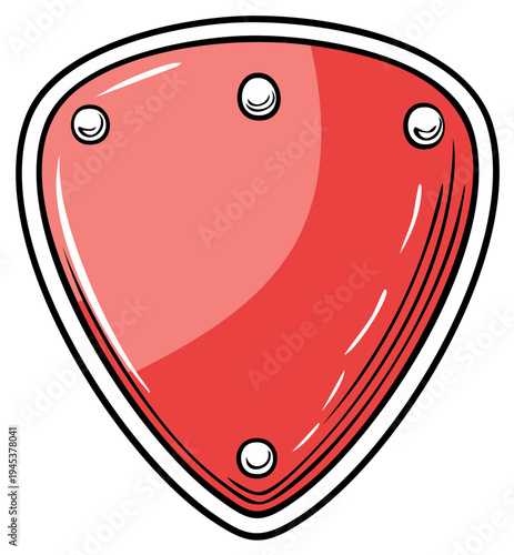 Red cartoon shield with studs for protection and defense against harm or damage
