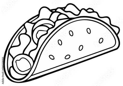 Illustration of a delicious taco with meat, cheese, and toppings in a black and white coloring book style