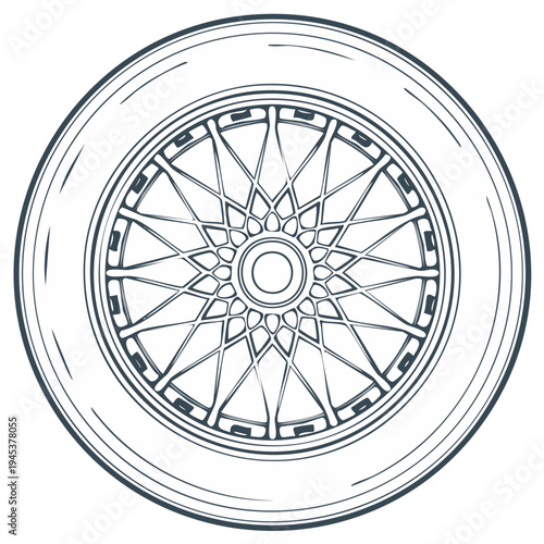 Vintage wire wheel detail with tire and spoke spokes radial pattern classic car rim illustration