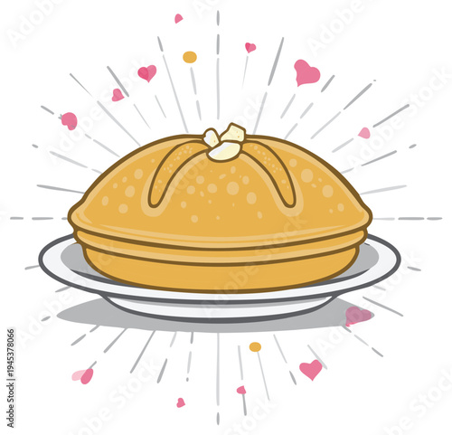 Cartoon pancake on a plate with hearts and burst of light, dessert, bakery