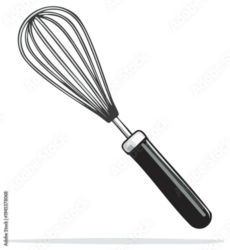 Metal wire whisk illustration kitchen tool for mixing beating blending ingredients with black handle and minimalist outline aesthetic