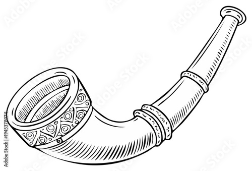 Ornate medieval drinking horn black and white sketch illustration