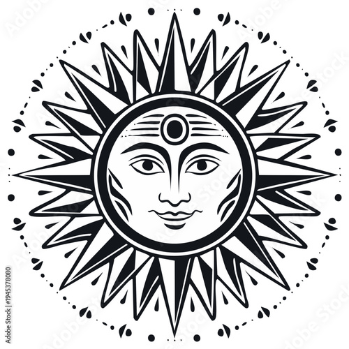 Stylized sun illustration with facial features and decorative rays in a mandala pattern